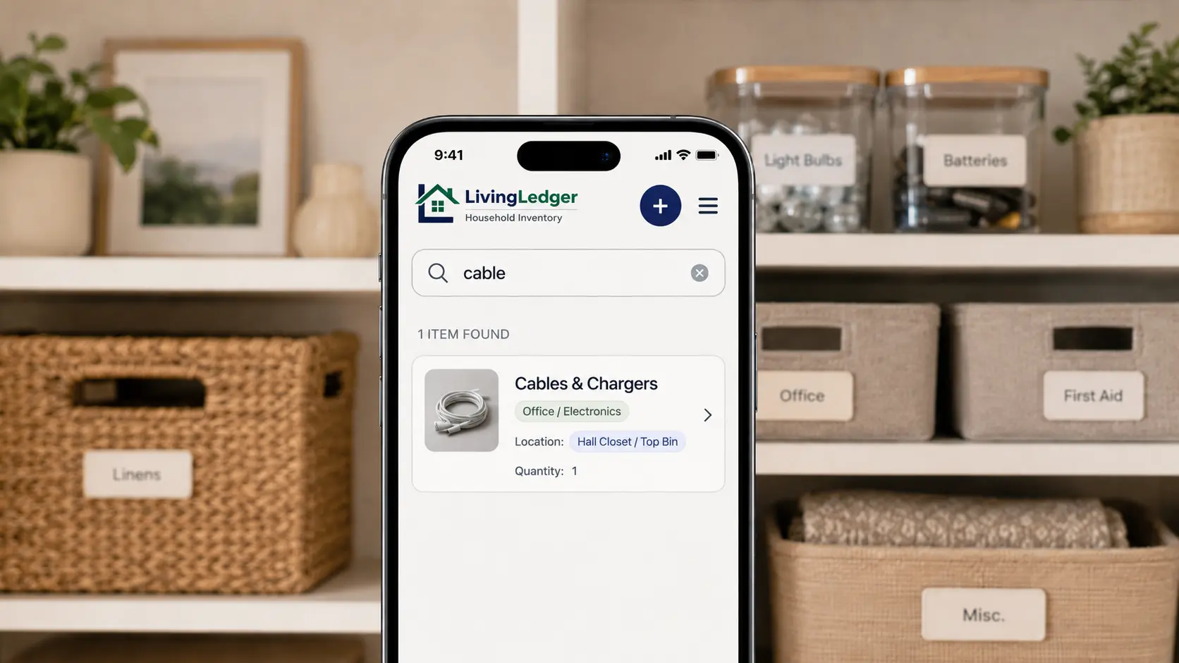 LivingLedger home inventory app on a mobile phone showing a search for cables in organized household storage.