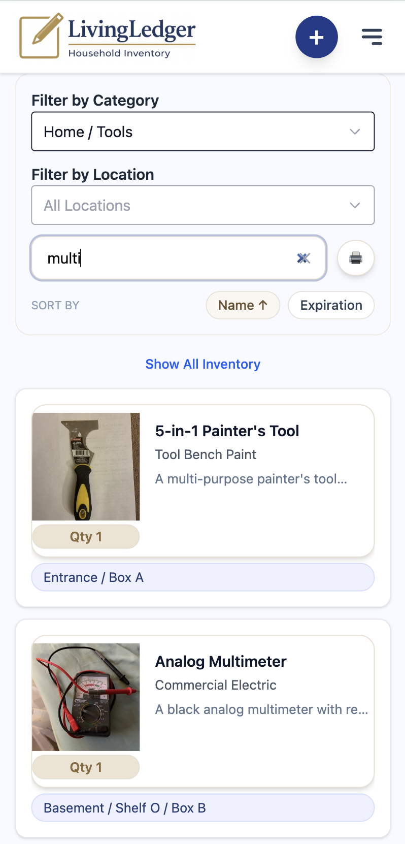 LivingLedger app showing household inventory
