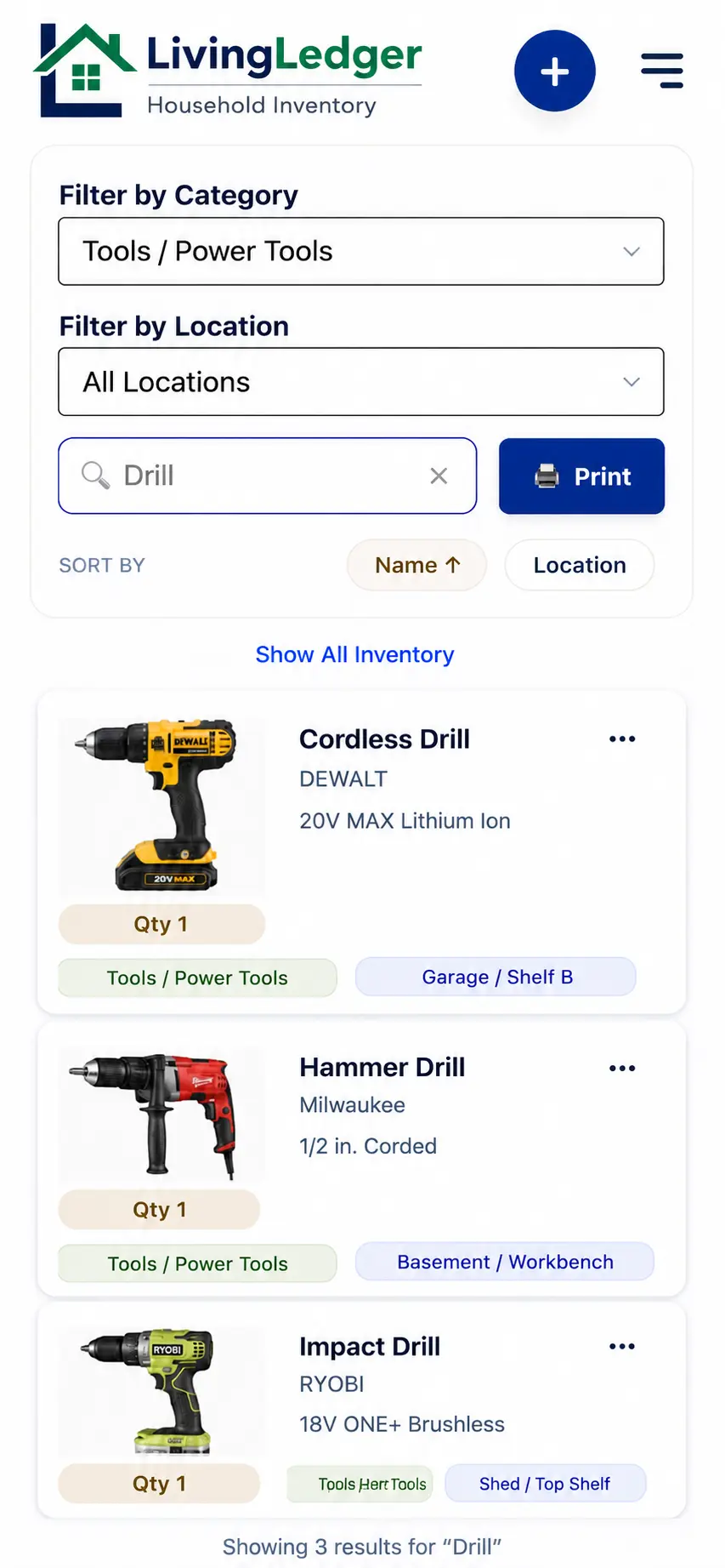 LivingLedger home inventory app showing household items organized by storage location for quick search and retrieval.