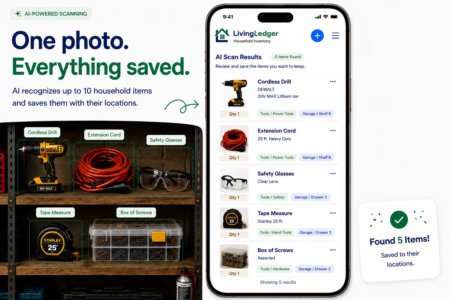 LivingLedger AI photo scan identifying several household items from one photo and saving each with its storage location.