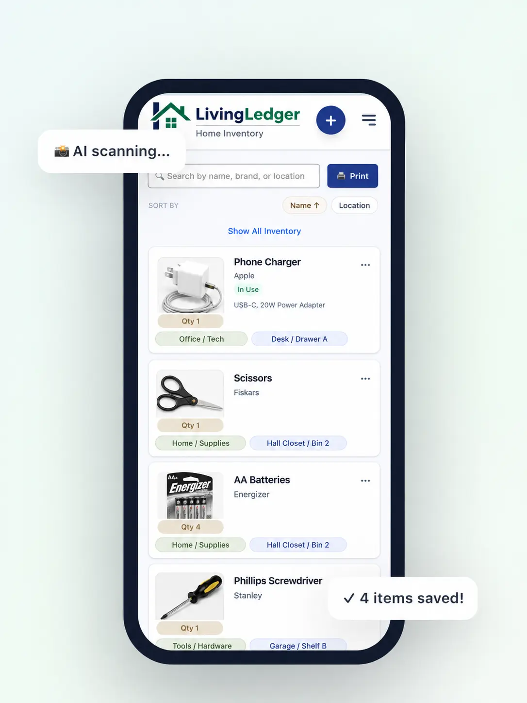 LivingLedger AI home inventory app showing household items saved from photo scanning