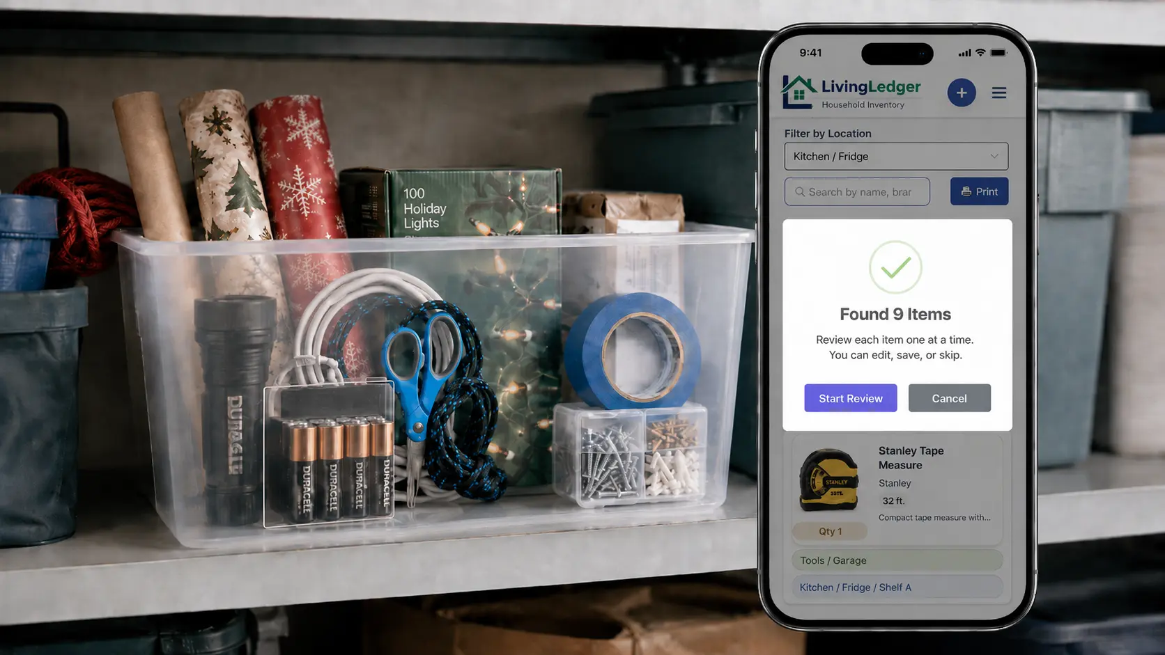 LivingLedger AI home inventory scan suggesting tools and household supplies from one storage bin photo.