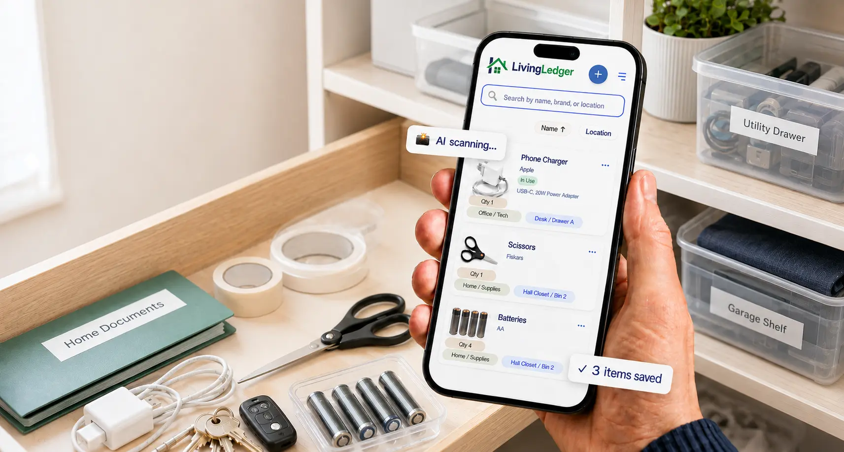 A hand holding a phone showing the LivingLedger home inventory app, with a phone charger, scissors, and batteries saved to their drawer and bin locations, beside the same items in an open drawer.
