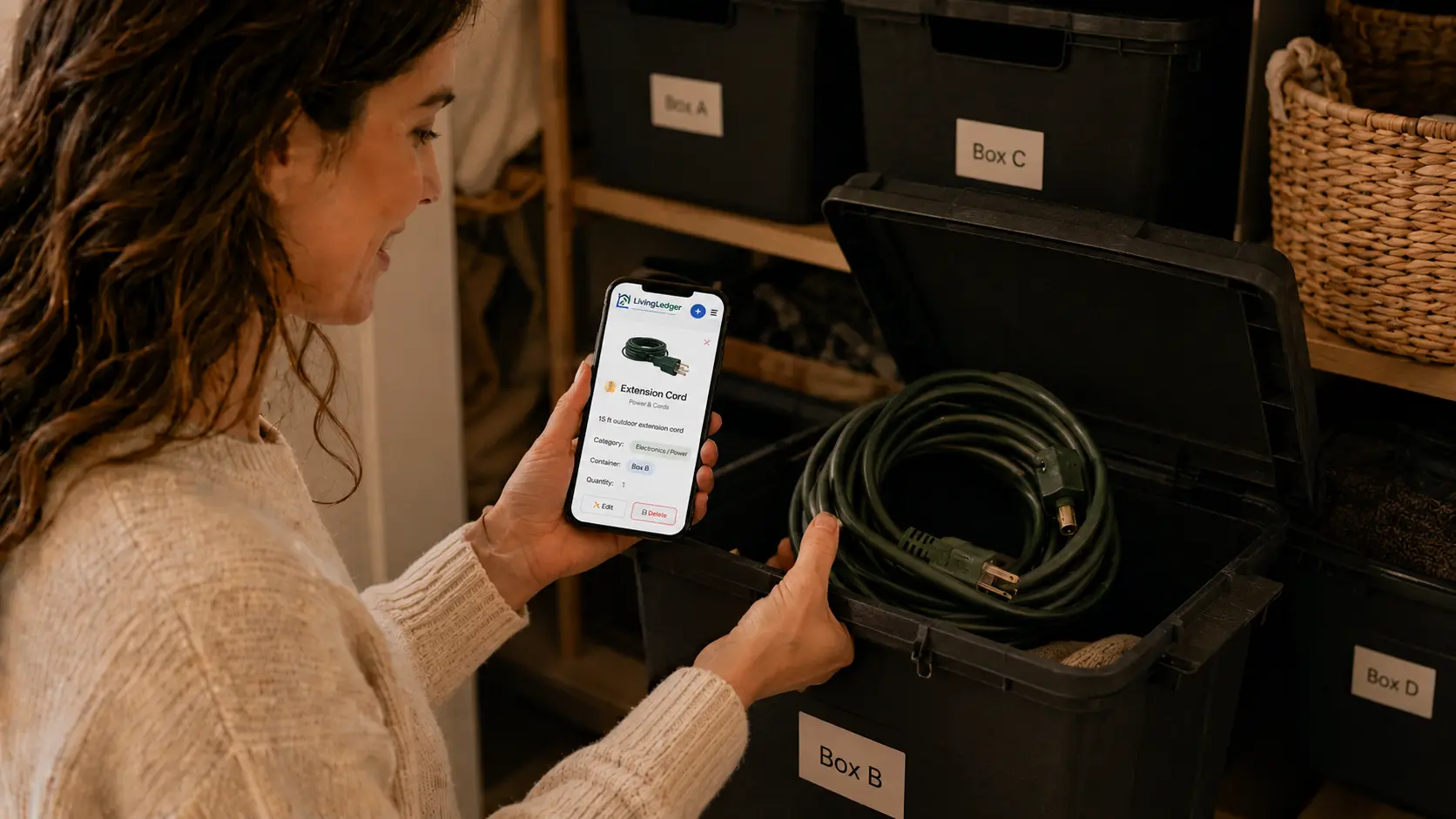 A person using LivingLedger to find an extension cord stored inside a labeled storage box.