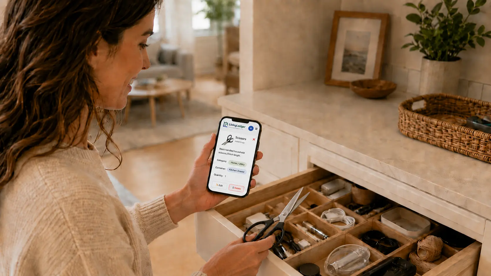 A person using the LivingLedger home inventory app to find scissors stored in a kitchen drawer.