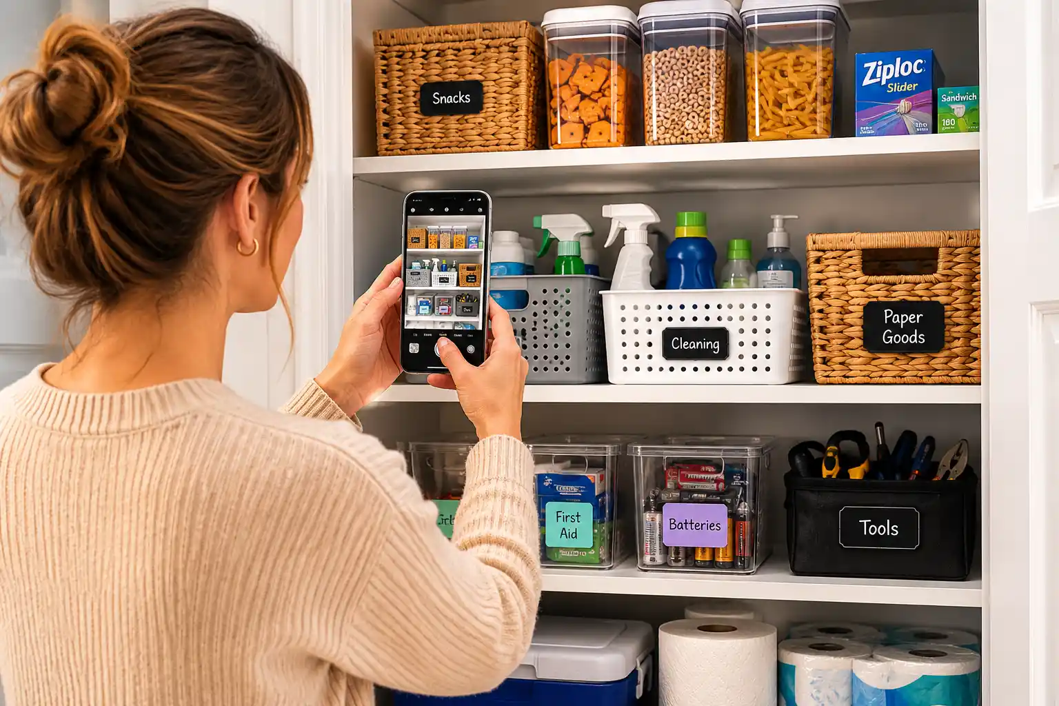 LivingLedger home inventory app showing pantry items being added from a shelf photo.
