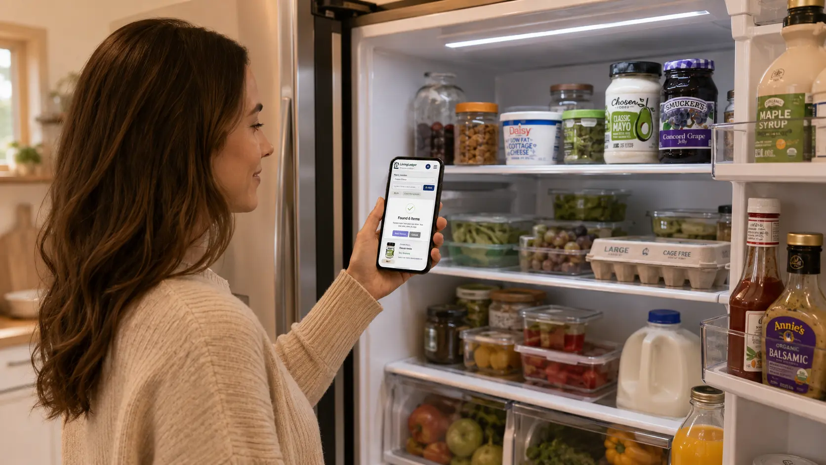 A woman using the LivingLedger home inventory app to scan items on refrigerator shelves.