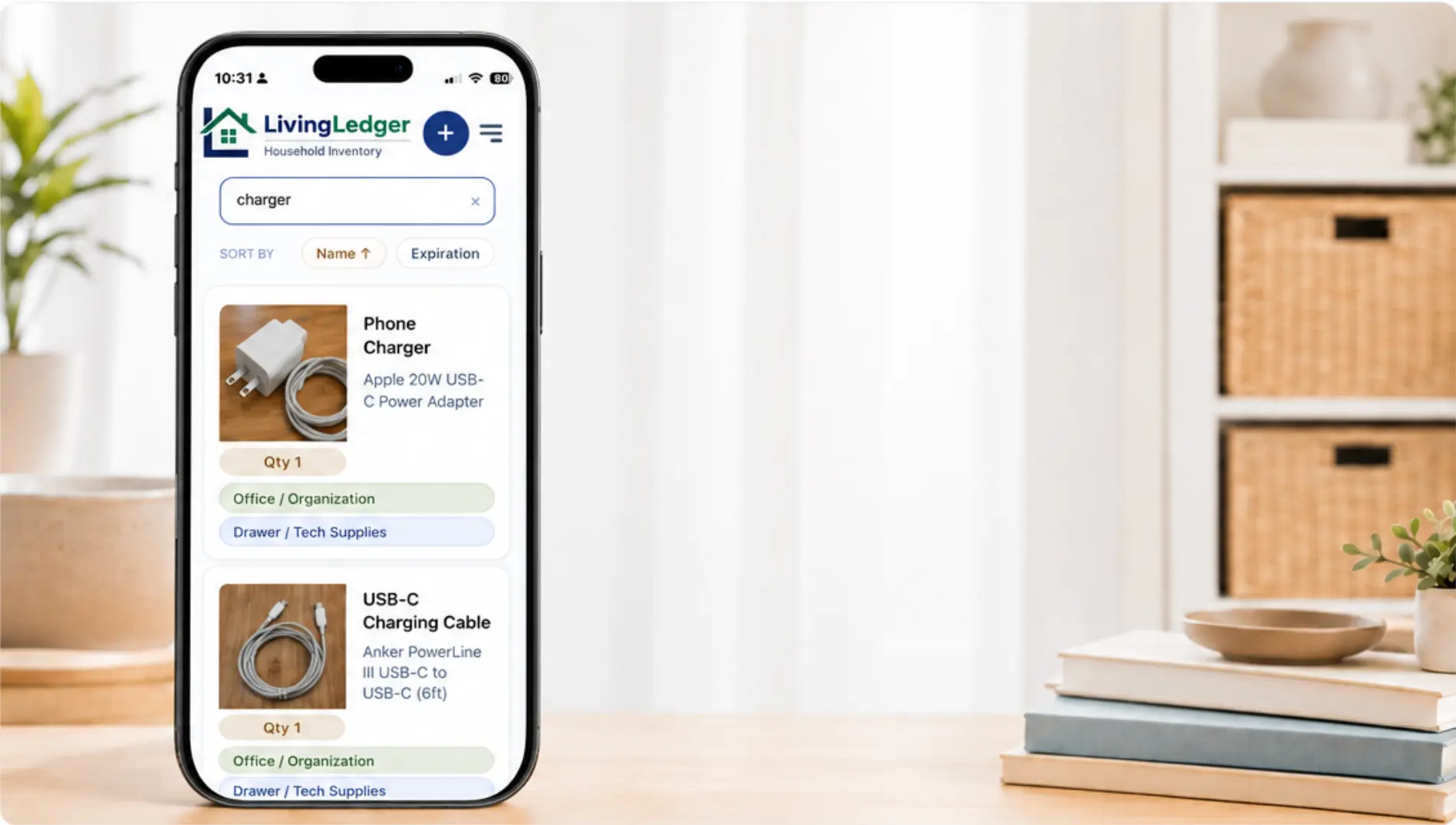 LivingLedger home inventory app displaying searchable item locations on a mobile screen