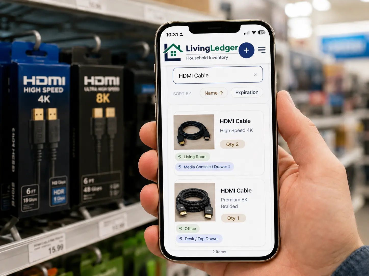 LivingLedger home inventory app showing HDMI cable search results while shopping