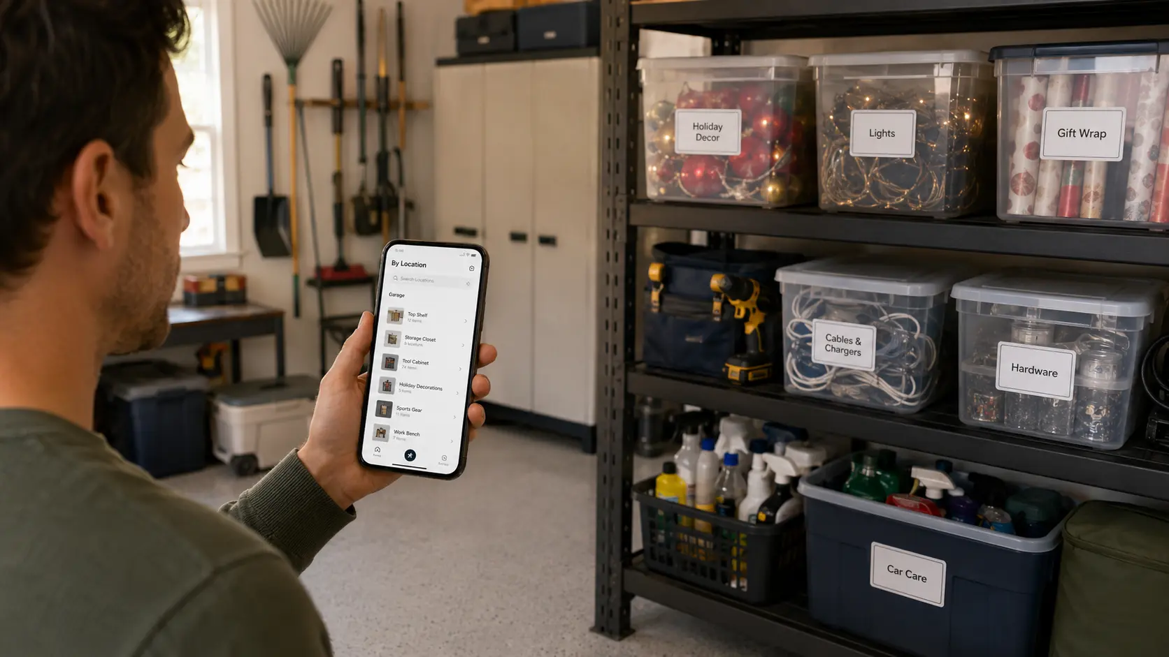 Organized household storage shelf with pantry items, bins, and supplies tracked in a home inventory app.